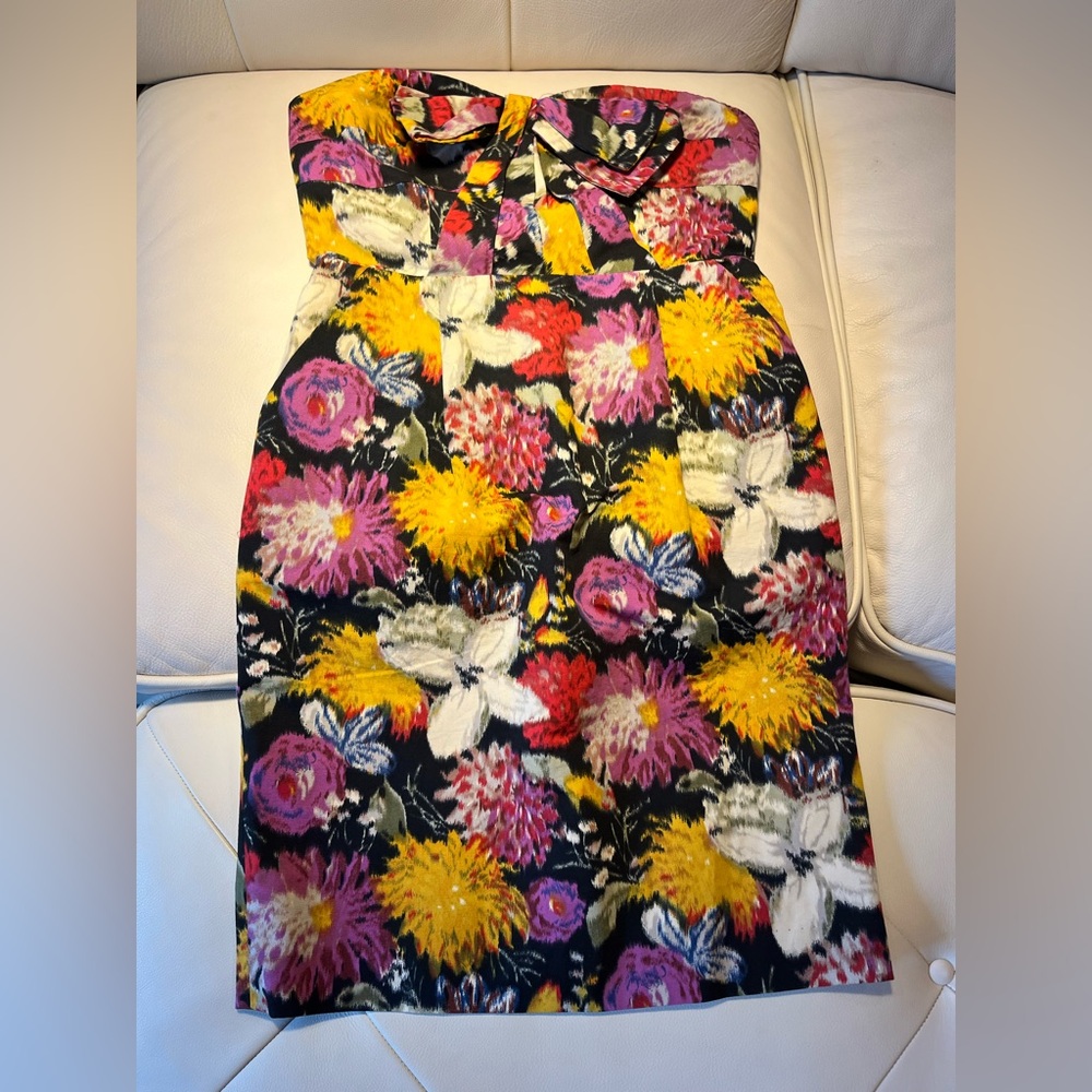 Moulinette Soeurs Strapless Floral Dress in Black, Yellow, Pink, White